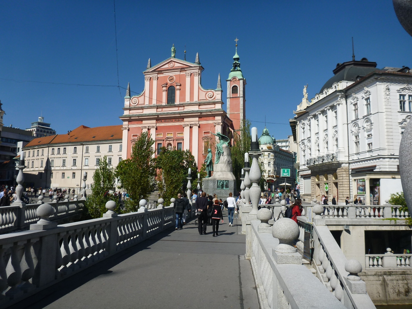 pink church and bridge ljubljana slovenia sep 2014