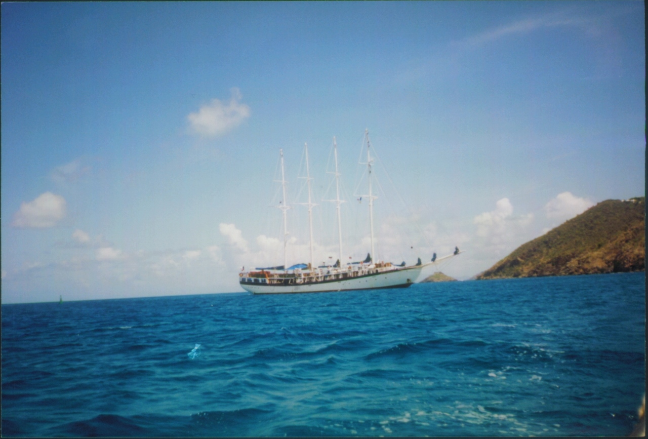 polynesia ship anchored in bay windjammer polynesia caribbean 1999